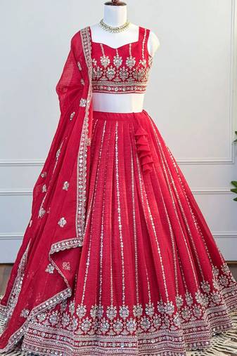 Red Zari & Beads Work Crust Silk Lehenga Choli with Dupatta