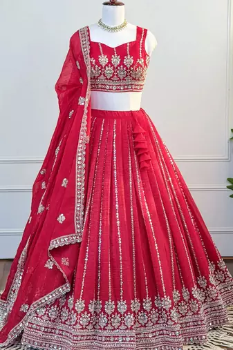 Red Zari & Beads Work Crust Silk Lehenga Choli with Dupatta