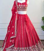 Red Zari & Beads Work Crust Silk Lehenga Choli with Dupatta