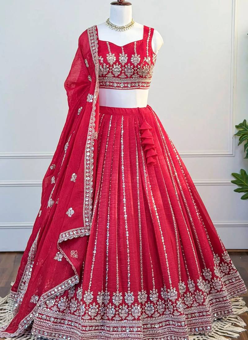 Red Zari & Beads Work Crust Silk Lehenga Choli with Dupatta