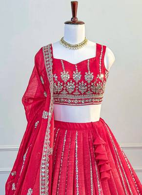 Red Zari & Beads Work Crust Silk Lehenga Choli with Dupatta 2