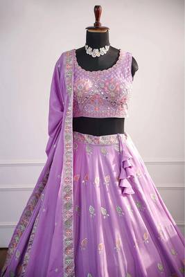 Lavender Mirror Thread & Zari Embroidered Chinon Silk Lehenga Choli with Dupatta 4