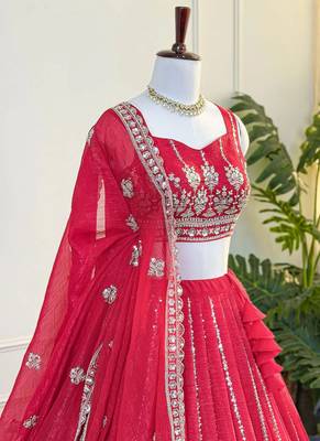 Red Zari & Beads Work Crust Silk Lehenga Choli with Dupatta 3