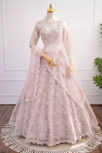 Baby Pink Dori & Beads Embroidered Net Lehenga Choli with Dupatta