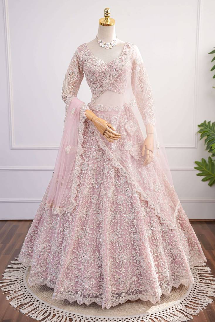 Baby Pink Dori & Beads Embroidered Net Lehenga Choli with Dupatta