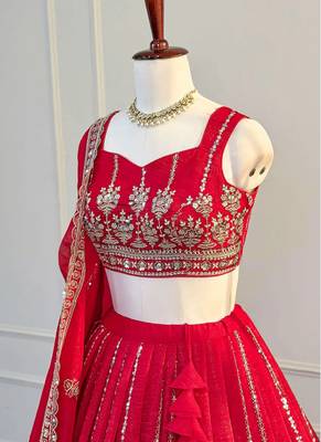Red Zari & Beads Work Crust Silk Lehenga Choli with Dupatta 4