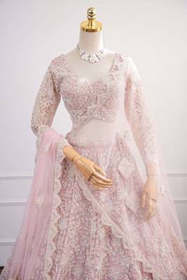 Baby Pink Dori & Beads Embroidered Net Lehenga Choli with Dupatta 2