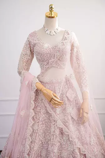 Baby Pink Dori & Beads Embroidered Net Lehenga Choli with Dupatta