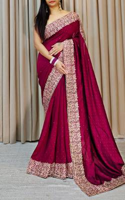 plum silk saree with zari and stone work embroidery 1
