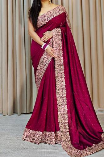 Plum Color Silk Fabric  Zari Work And Stone Work Saree