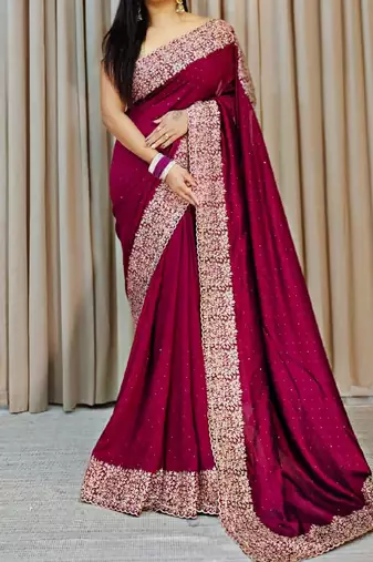 Plum Color Silk Fabric  Zari Work And Stone Work Saree