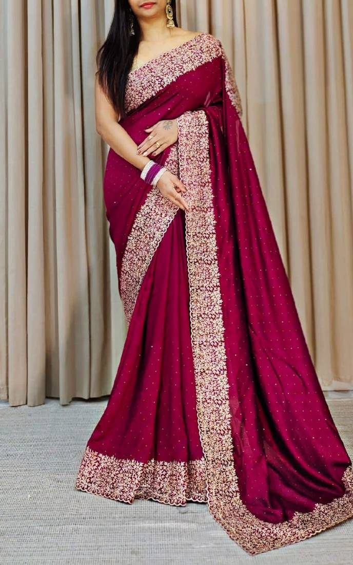 Plum Color Silk Fabric  Zari Work And Stone Work Saree