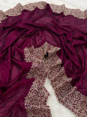 plum silk saree with zari and stone work embroidery 2