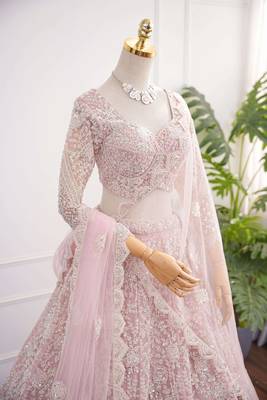 Baby Pink Dori & Beads Embroidered Net Lehenga Choli with Dupatta 3
