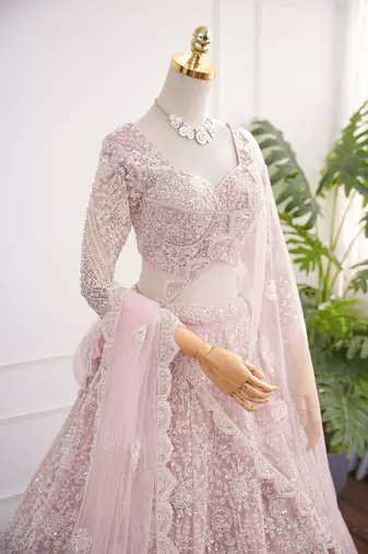 Baby Pink Dori & Beads Embroidered Net Lehenga Choli with Dupatta
