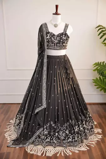 Black Embroidered Sequins & Beads Work Fox Georgette Lehenga Choli with Dupatta