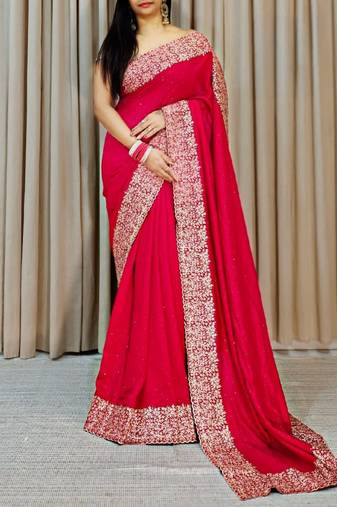 Rani Pink Color Silk Fabric  Zari Work And Stone Work Saree