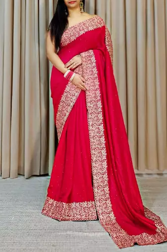 Rani Pink Color Silk Fabric  Zari Work And Stone Work Saree