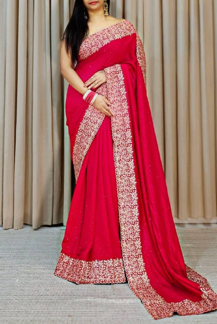 Rani Pink Color Silk Fabric  Zari Work And Stone Work Saree