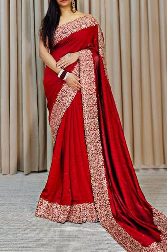 Red Color Silk Fabric  Zari Work And Stone Work Saree