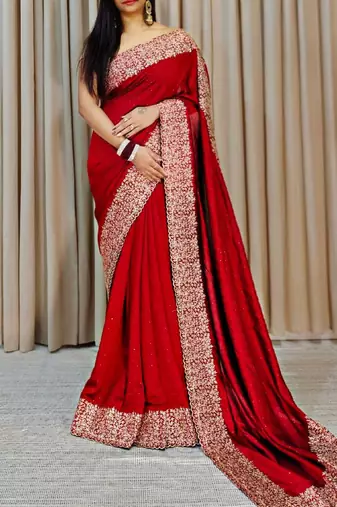 Red Color Silk Fabric  Zari Work And Stone Work Saree