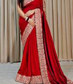 Red Color Silk Fabric  Zari Work And Stone Work Saree