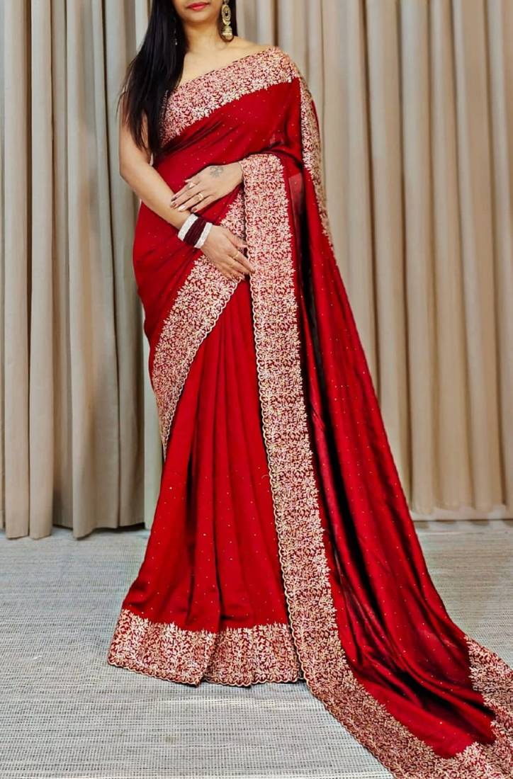 Red Color Silk Fabric  Zari Work And Stone Work Saree