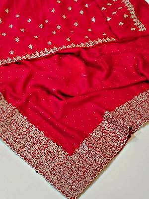 red silk saree with zari and stone work embroidery 2