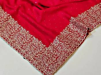 red silk saree with zari and stone work embroidery 3