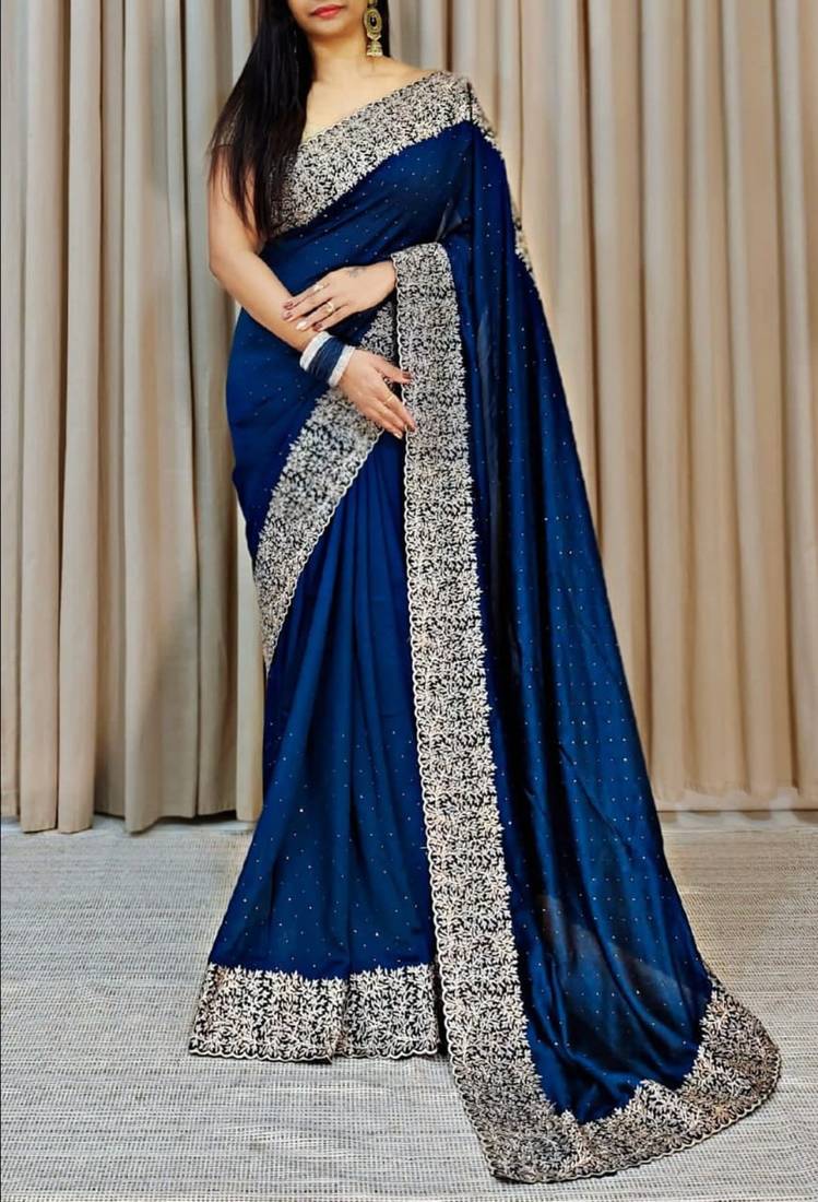 Teal Color Silk Fabric  Zari Work And Stone Work Saree