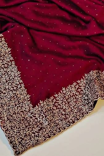 Wine Color Silk Fabric  Zari Work And Stone Work Saree