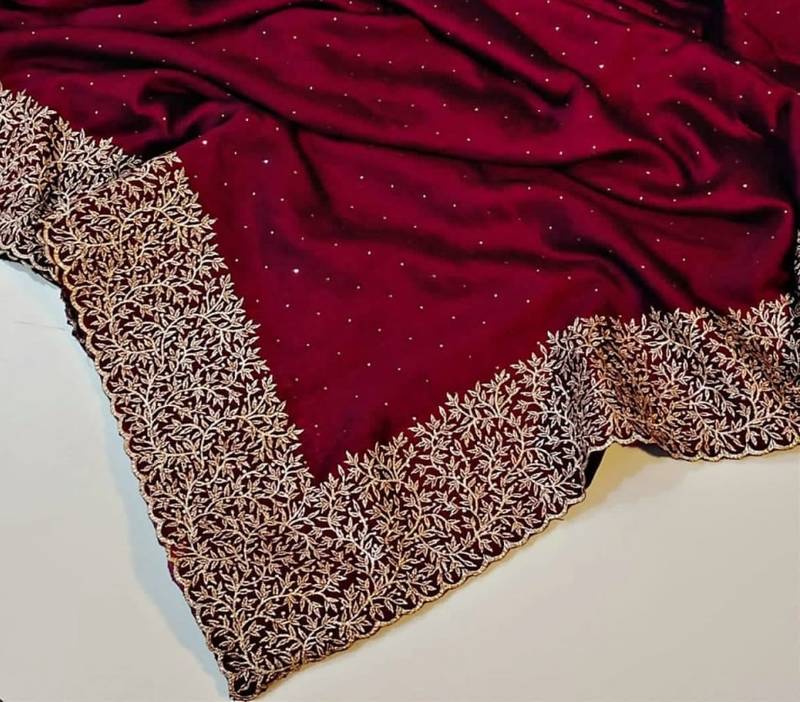 Wine Color Silk Fabric  Zari Work And Stone Work Saree