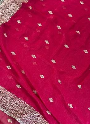 wine silk saree with zari and stone work embroidery 2
