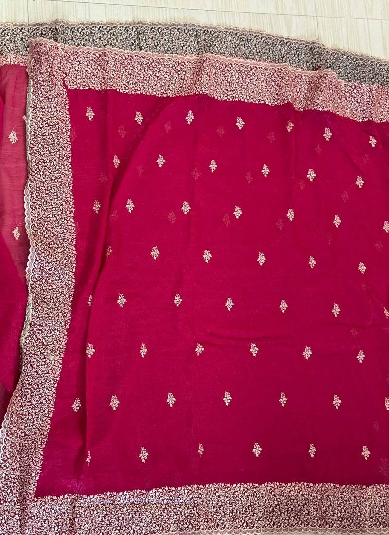 wine silk saree with zari and stone work embroidery