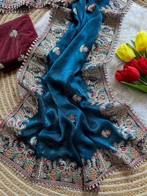 blue satin silk saree with heavy embroidered floral border 1