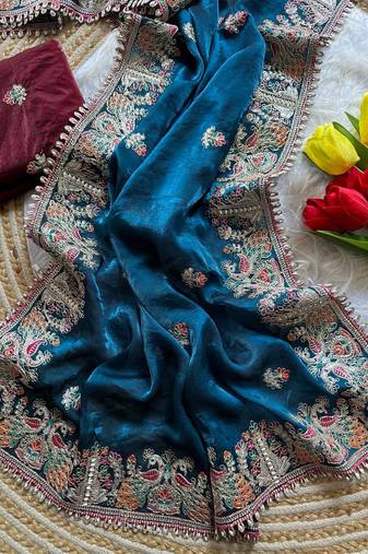 Blue Color Embroidery and Butti Work Fandy Sattin Silk Saree