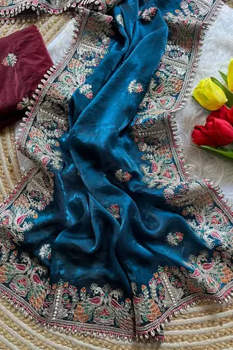 Blue Color Embroidery and Butti Work Fandy Sattin Silk Saree