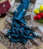 Blue Color Embroidery and Butti Work Fandy Sattin Silk Saree