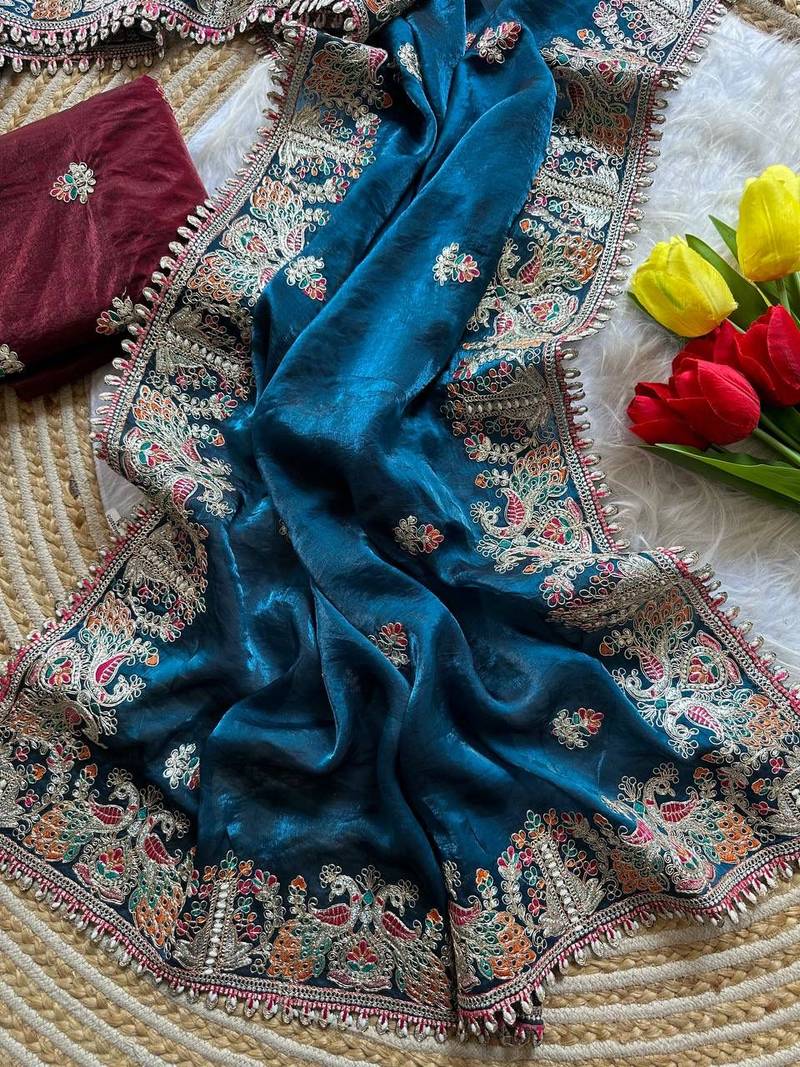 Blue Color Embroidery and Butti Work Fandy Sattin Silk Saree