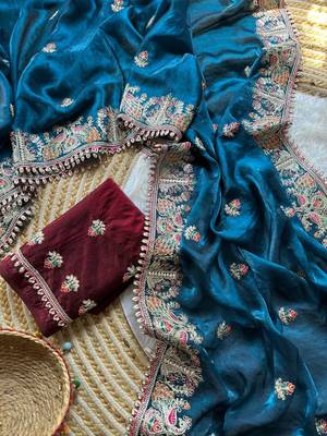 blue satin silk saree with heavy embroidered floral border 2