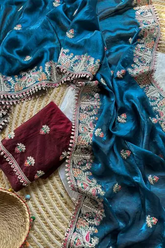 blue satin silk saree with heavy embroidered floral border