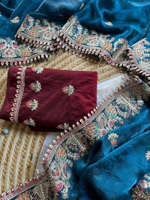 blue satin silk saree with heavy embroidered floral border 3