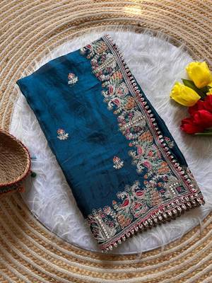 blue satin silk saree with heavy embroidered floral border 4