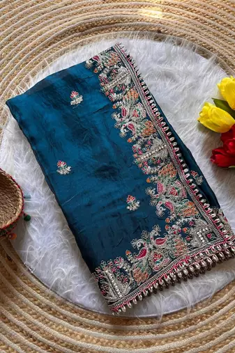 blue satin silk saree with heavy embroidered floral border