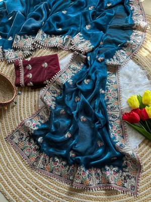 blue satin silk saree with heavy embroidered floral border 5