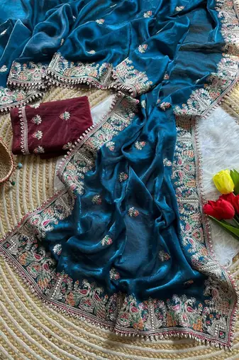 blue satin silk saree with heavy embroidered floral border