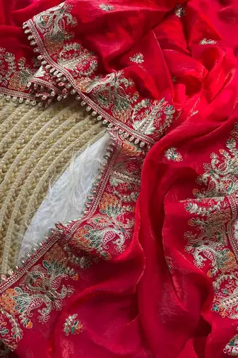 Red Color Embroidery and Butti Work Fandy Sattin Silk Saree