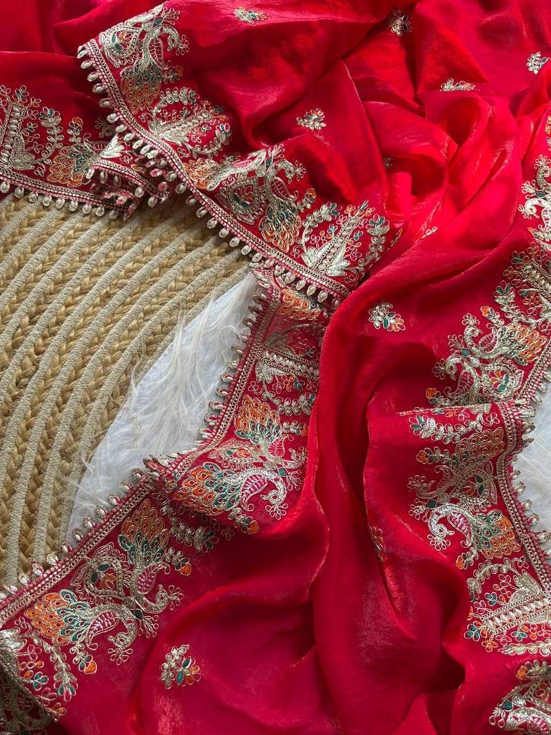 Red Color Embroidery and Butti Work Fandy Sattin Silk Saree