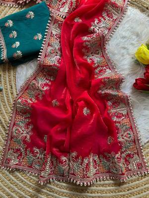 red satin silk saree with heavy embroidery and butti motifs 2
