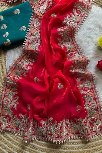 red satin silk saree with heavy embroidery and butti motifs